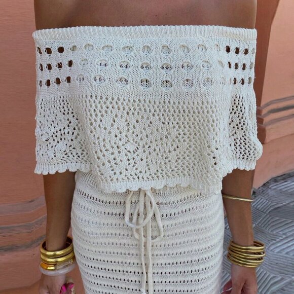 Apricot Elegant Women's Long Tube Top Short Sleeve Off Shoulder Knit Tie-Up - Picture 3 of 9